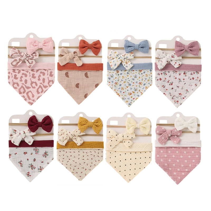 Triangle Muslin Cotton Bibs with Headbands (3pcs)