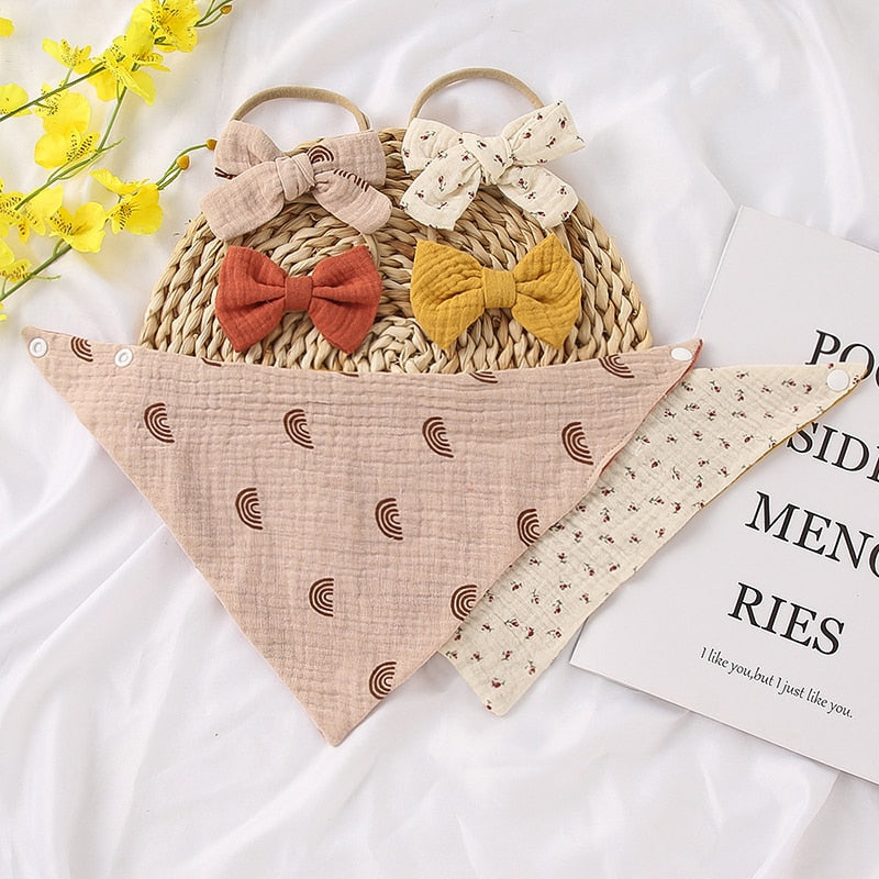 Triangle Muslin Cotton Bibs with Headbands (3pcs)