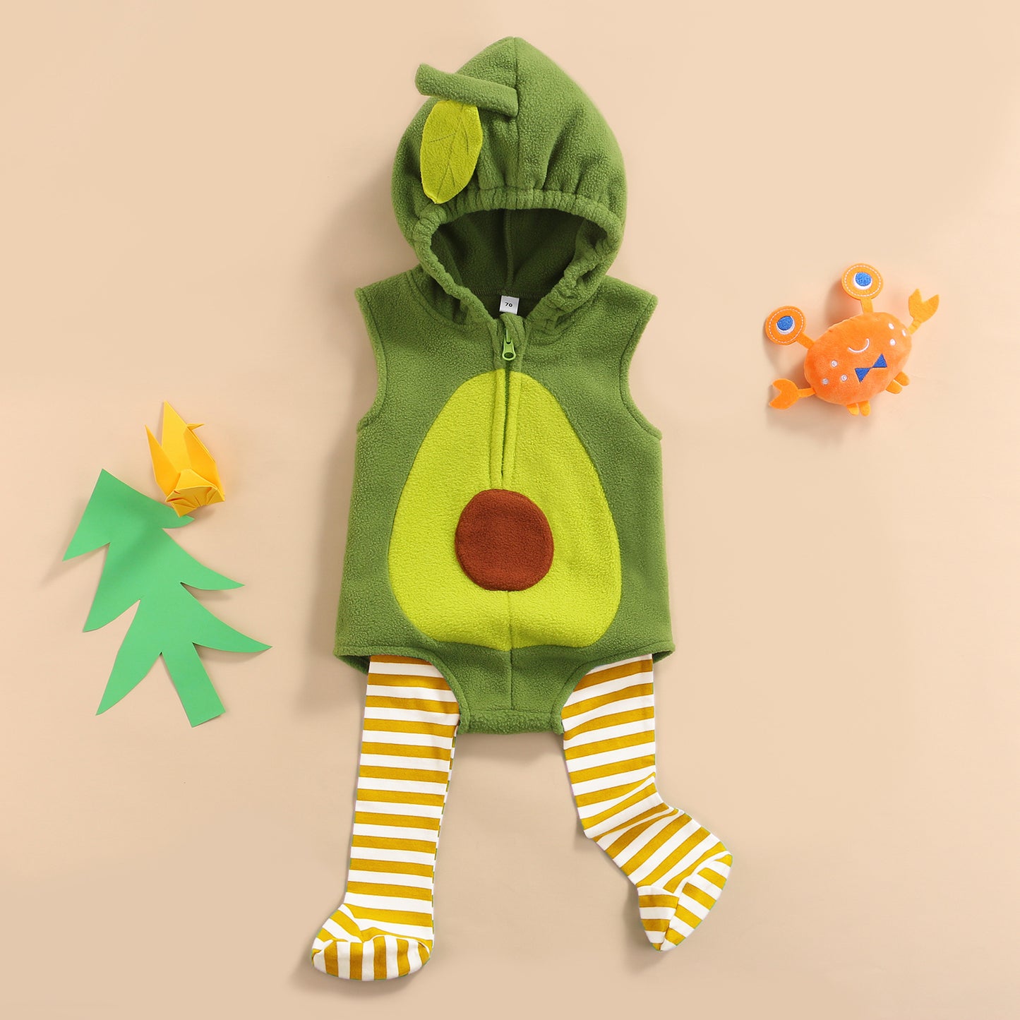 Baby Avocado Romper Outfit - Hooded Sleeveless Jumpsuit with Striped Stockings