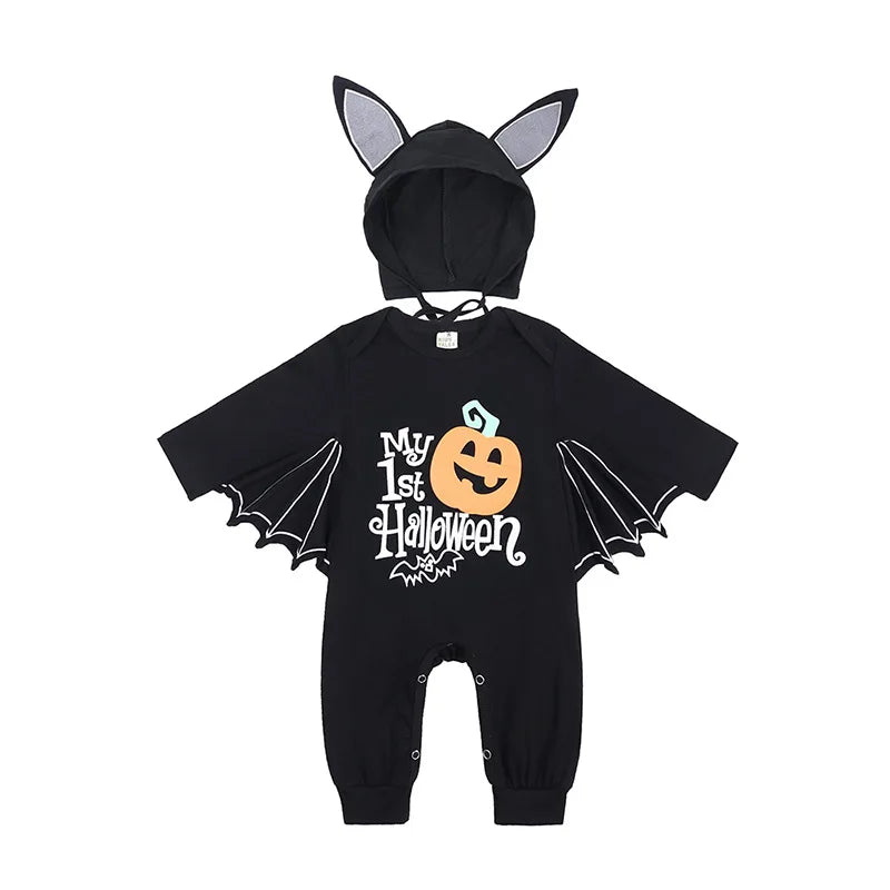 Baby Bat Romper Costume - Black Halloween Jumpsuit with Wing Sleeves