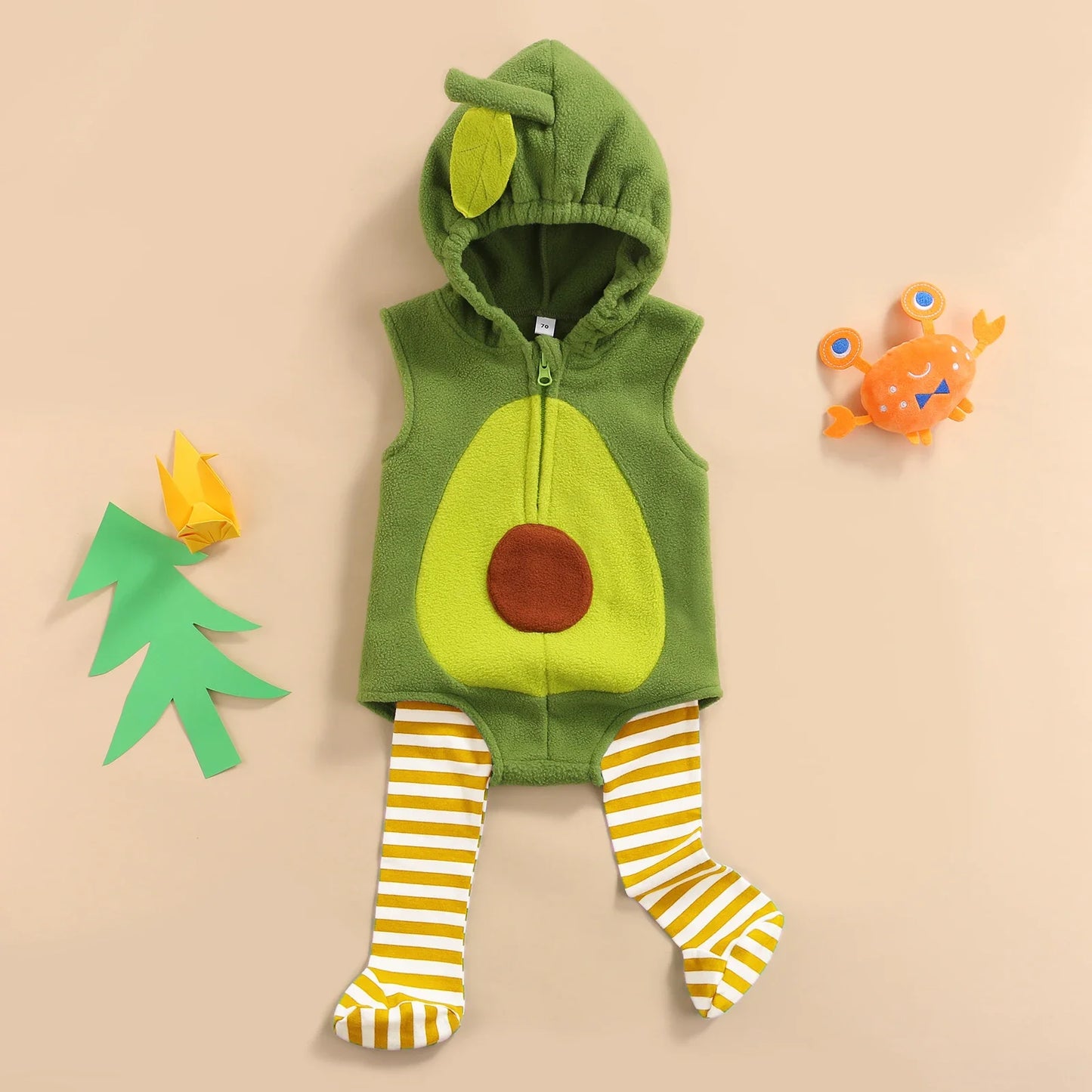 Baby Avocado Romper Outfit - Hooded Sleeveless Jumpsuit with Striped Stockings