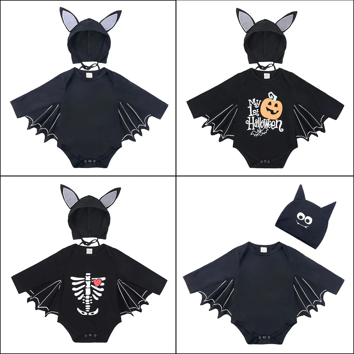 Baby Bat Romper Costume - Black Halloween Jumpsuit with Wing Sleeves