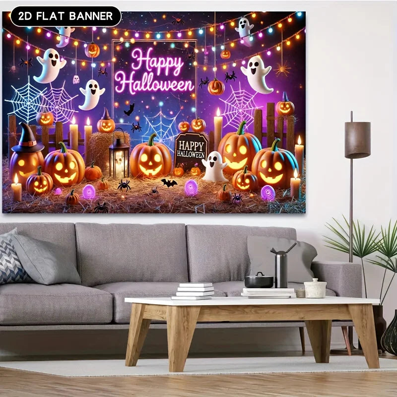 Happy Halloween Backdrop Banner - Pumpkin Ghost Party Photo Background