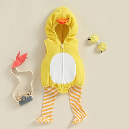Baby Chick Romper Costume - Hooded Animal Outfit with Striped Leg Warmers