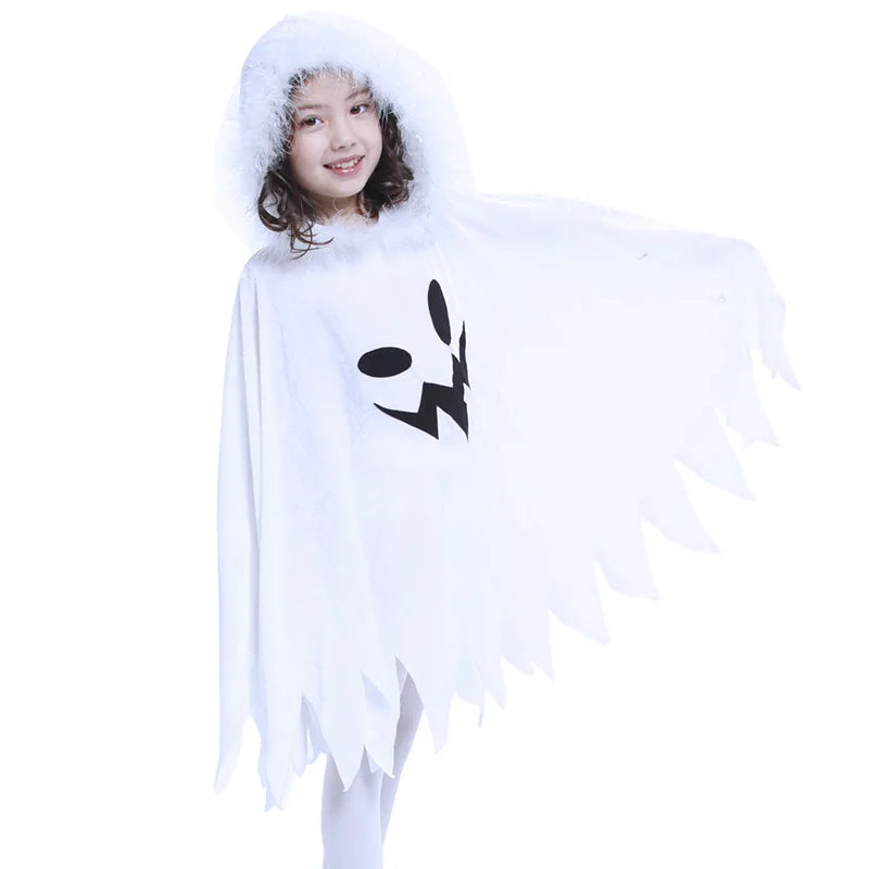 Kids Glow Ghost Costume - White Halloween Cape Outfit with Hood