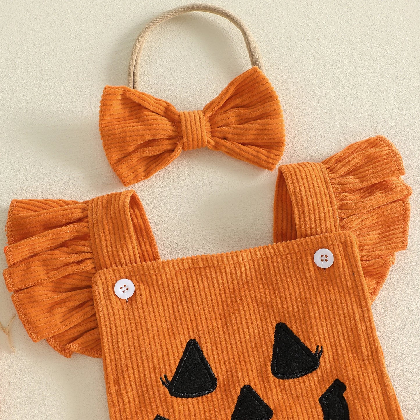 Baby Pumpkin Romper Outfit - Halloween Bodysuit Set with Bow Headband
