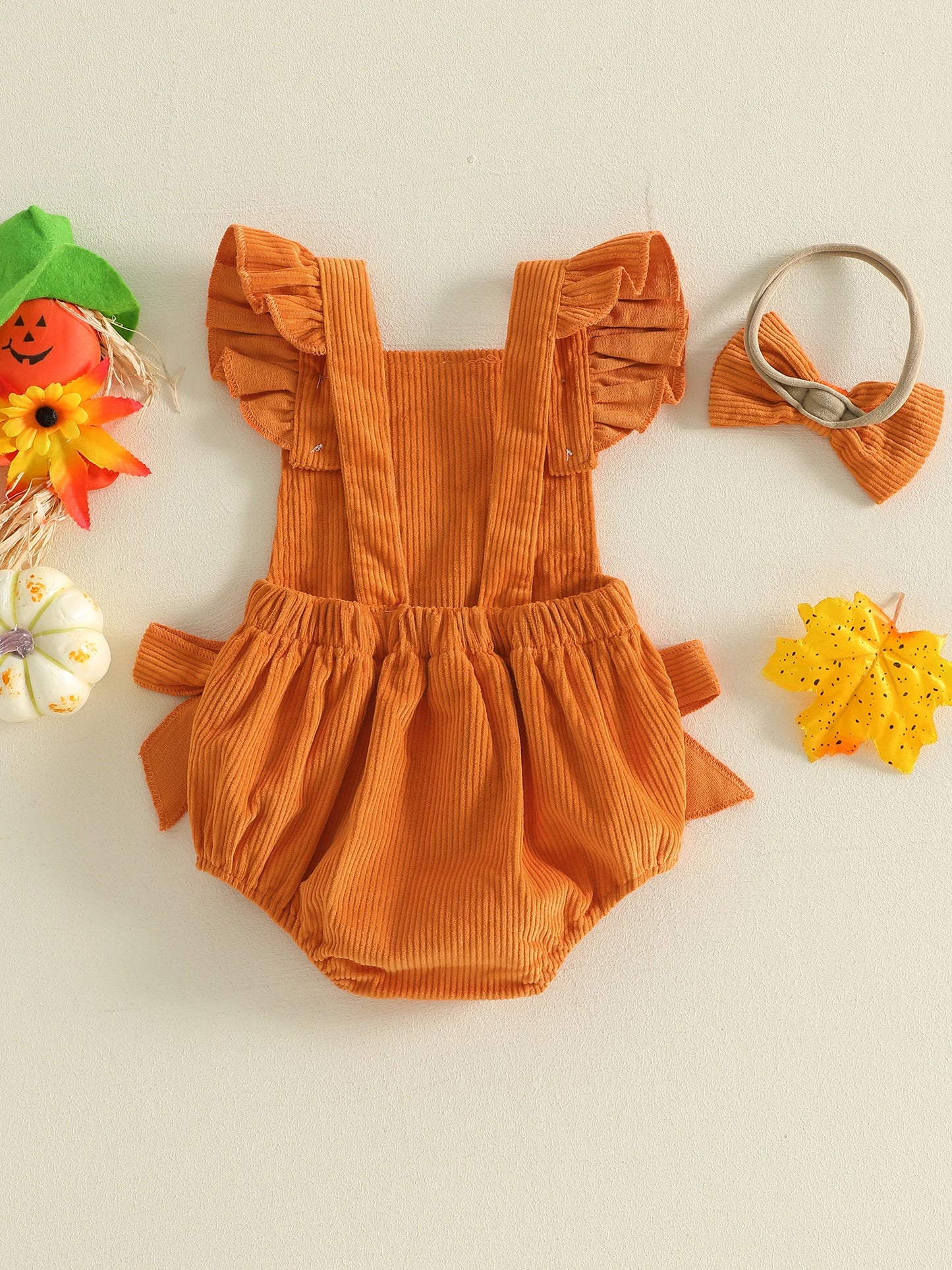 Baby Pumpkin Romper Outfit - Halloween Bodysuit Set with Bow Headband