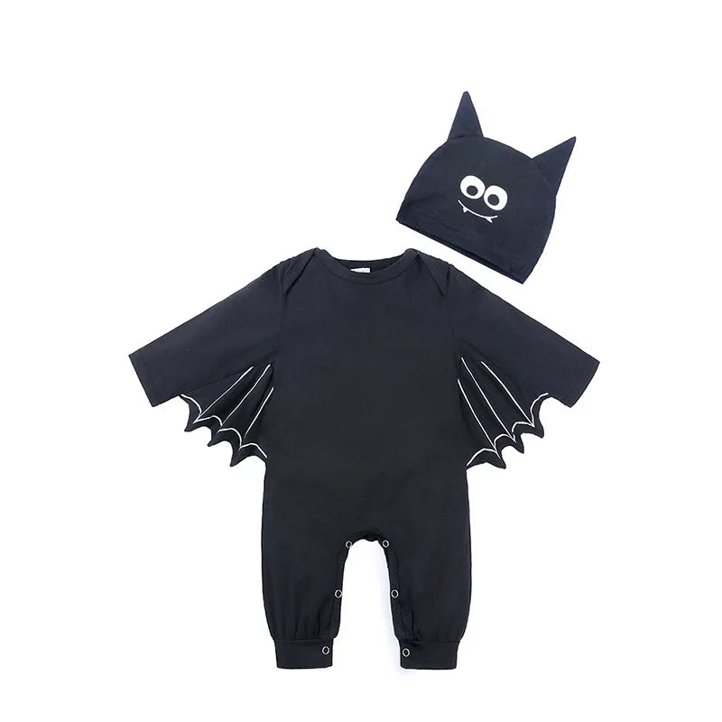 Baby Bat Romper Costume - Black Halloween Jumpsuit with Wing Sleeves