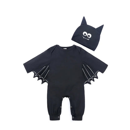 Baby Bat Romper Costume - Black Halloween Jumpsuit with Wing Sleeves