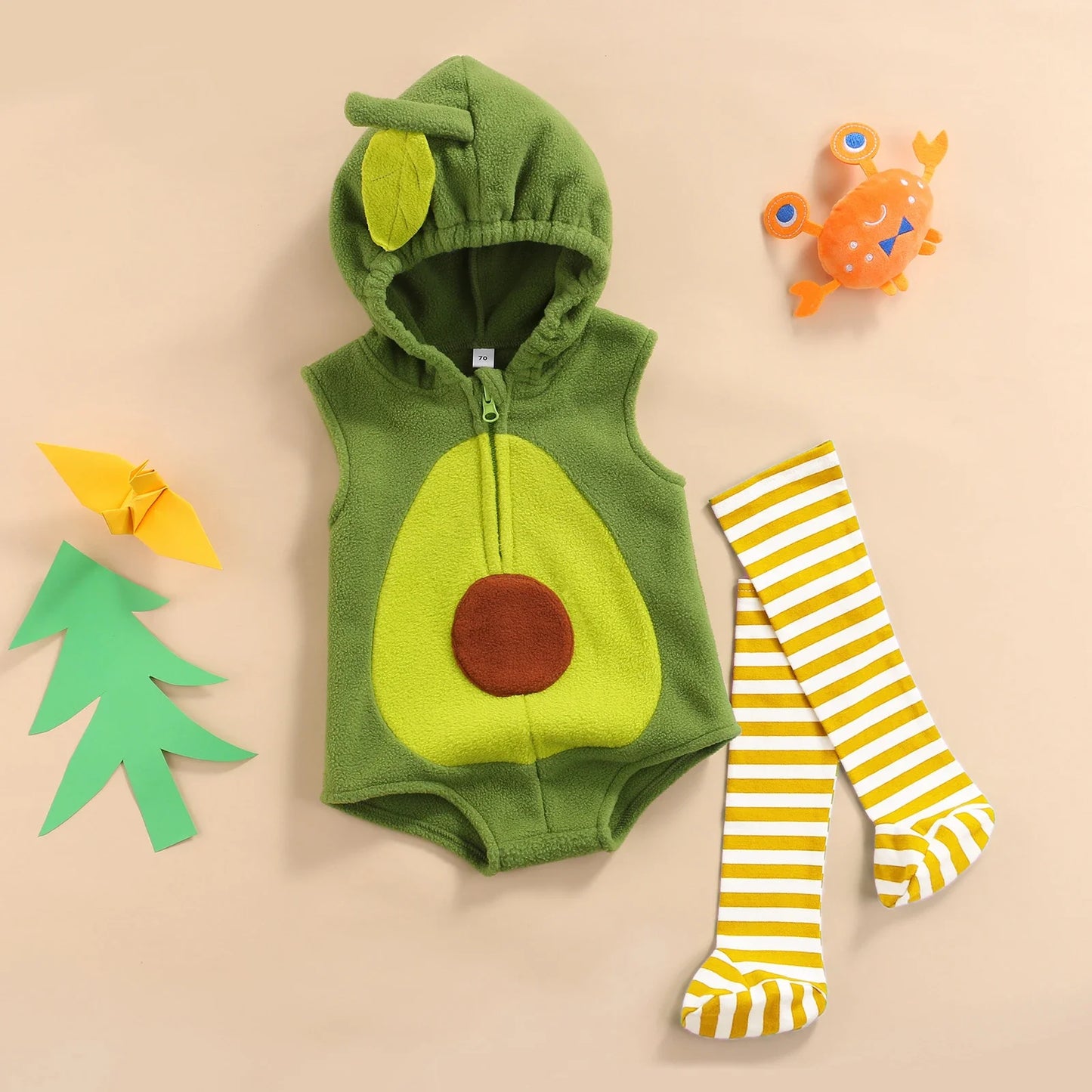 Baby Avocado Romper Outfit - Hooded Sleeveless Jumpsuit with Striped Stockings