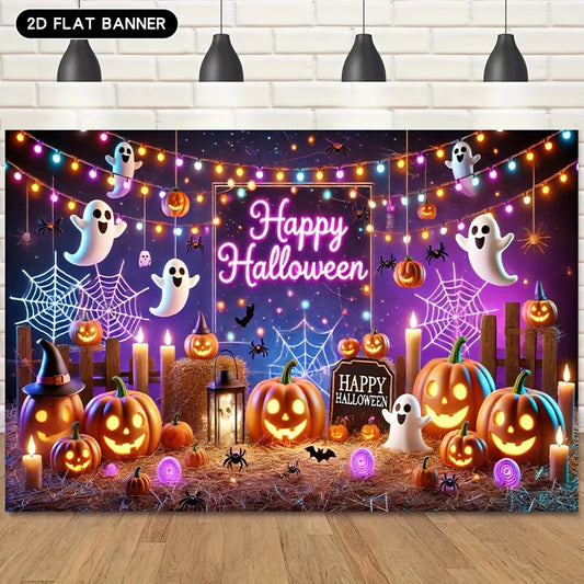 Happy Halloween Backdrop Banner - Pumpkin Ghost Party Photo Background
