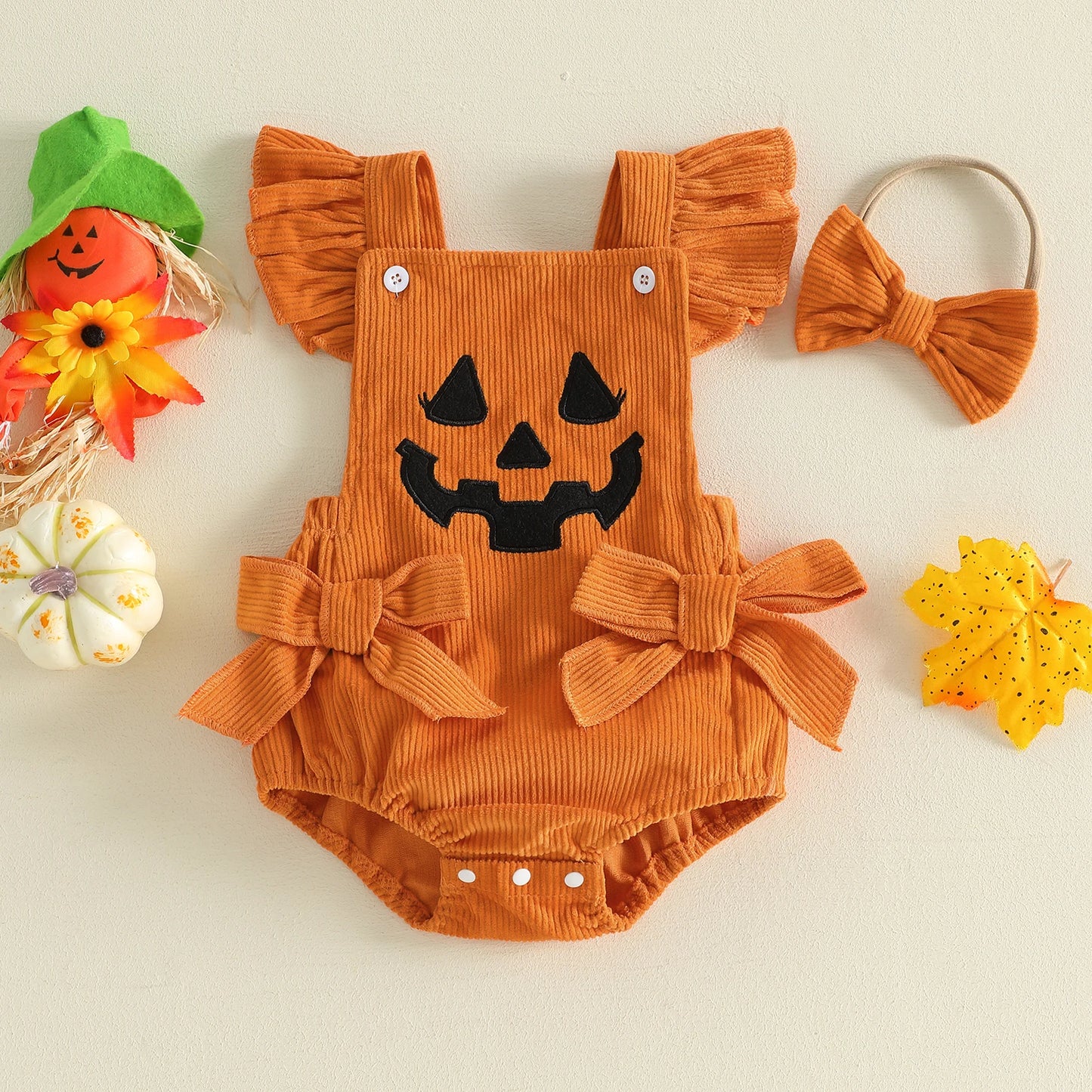 Baby Pumpkin Romper Outfit - Halloween Bodysuit Set with Bow Headband