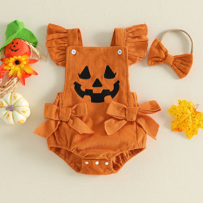 Baby Pumpkin Romper Outfit - Halloween Bodysuit Set with Bow Headband