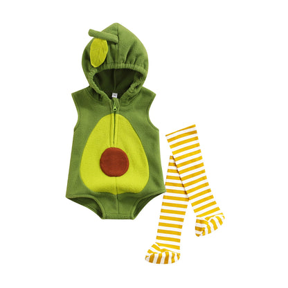 Baby Avocado Romper Outfit - Hooded Sleeveless Jumpsuit with Striped Stockings