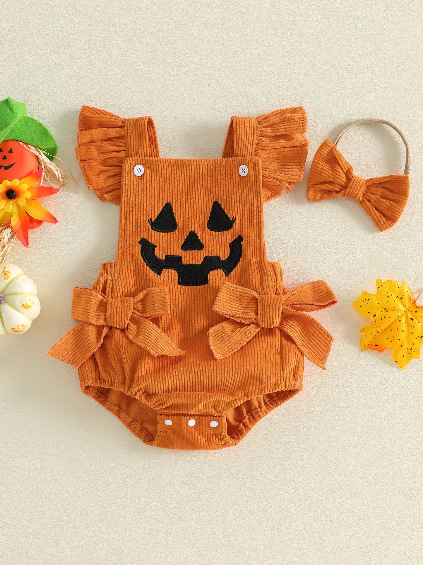 Baby Pumpkin Romper Outfit - Halloween Bodysuit Set with Bow Headband