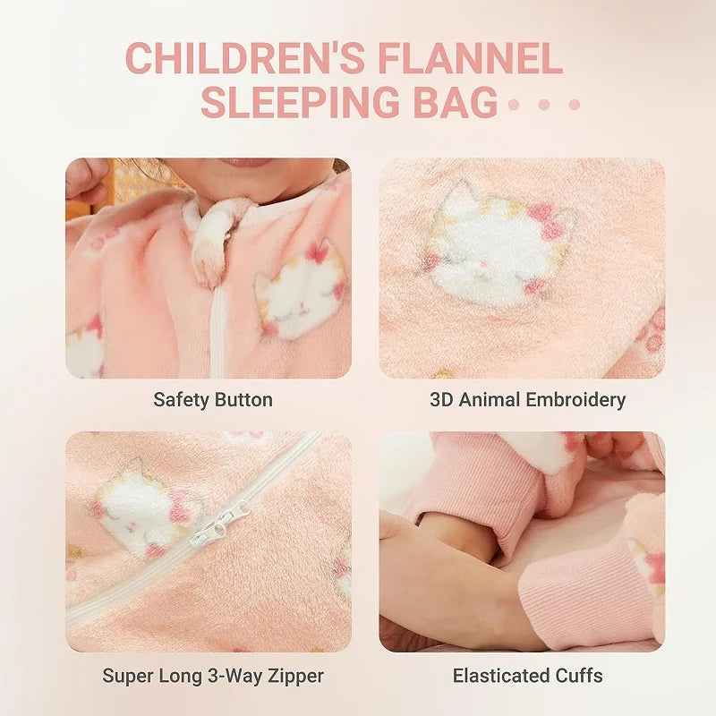 Warm Flannel Kids Sleepsack Pyjamas with Cute Cartoon Animal Prints