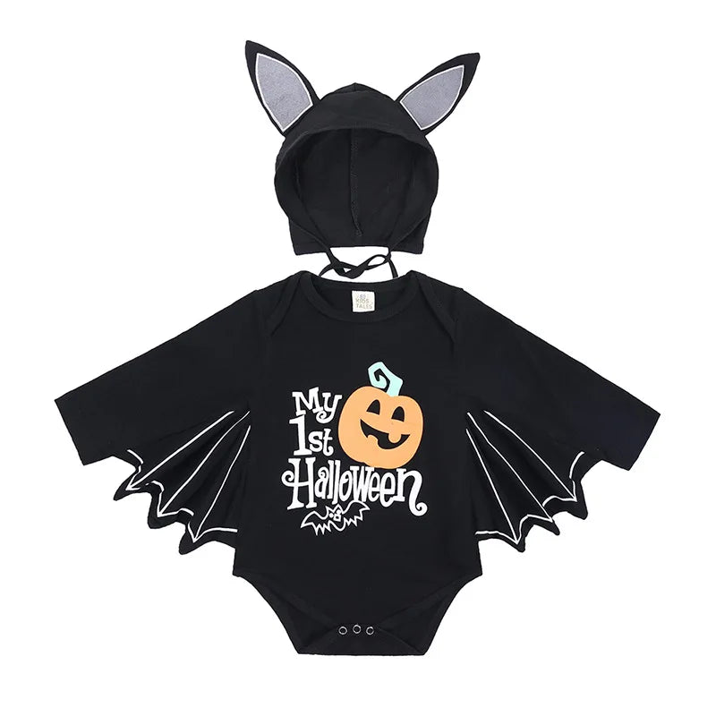 Baby Bat Romper Costume - Black Halloween Jumpsuit with Wing Sleeves