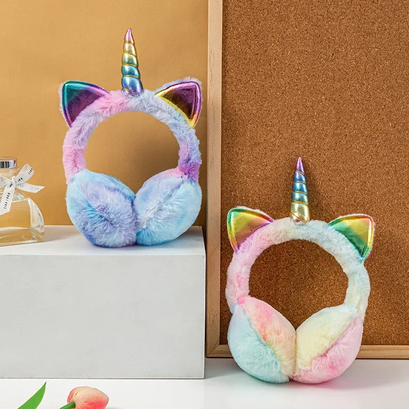 Unicorn Plush Earmuffs with Metallic Ears and Horns for Kids