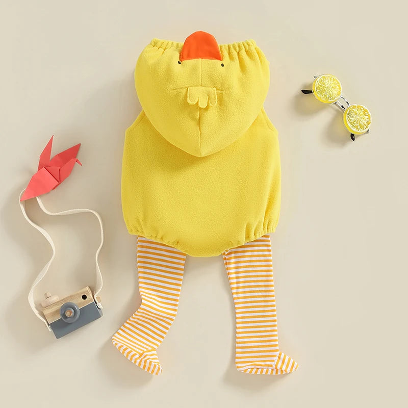 Baby Chick Romper Costume - Hooded Animal Outfit with Striped Leg Warmers