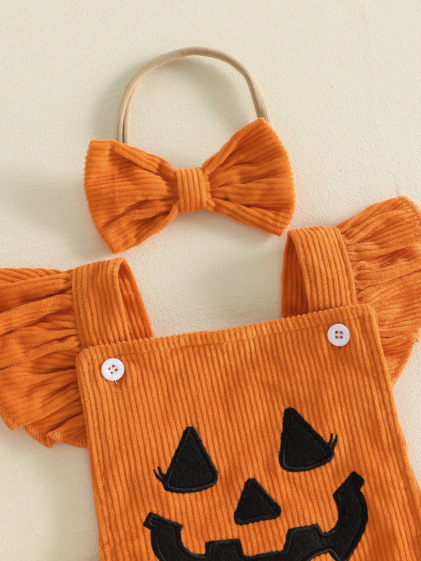 Baby Pumpkin Romper Outfit - Halloween Bodysuit Set with Bow Headband