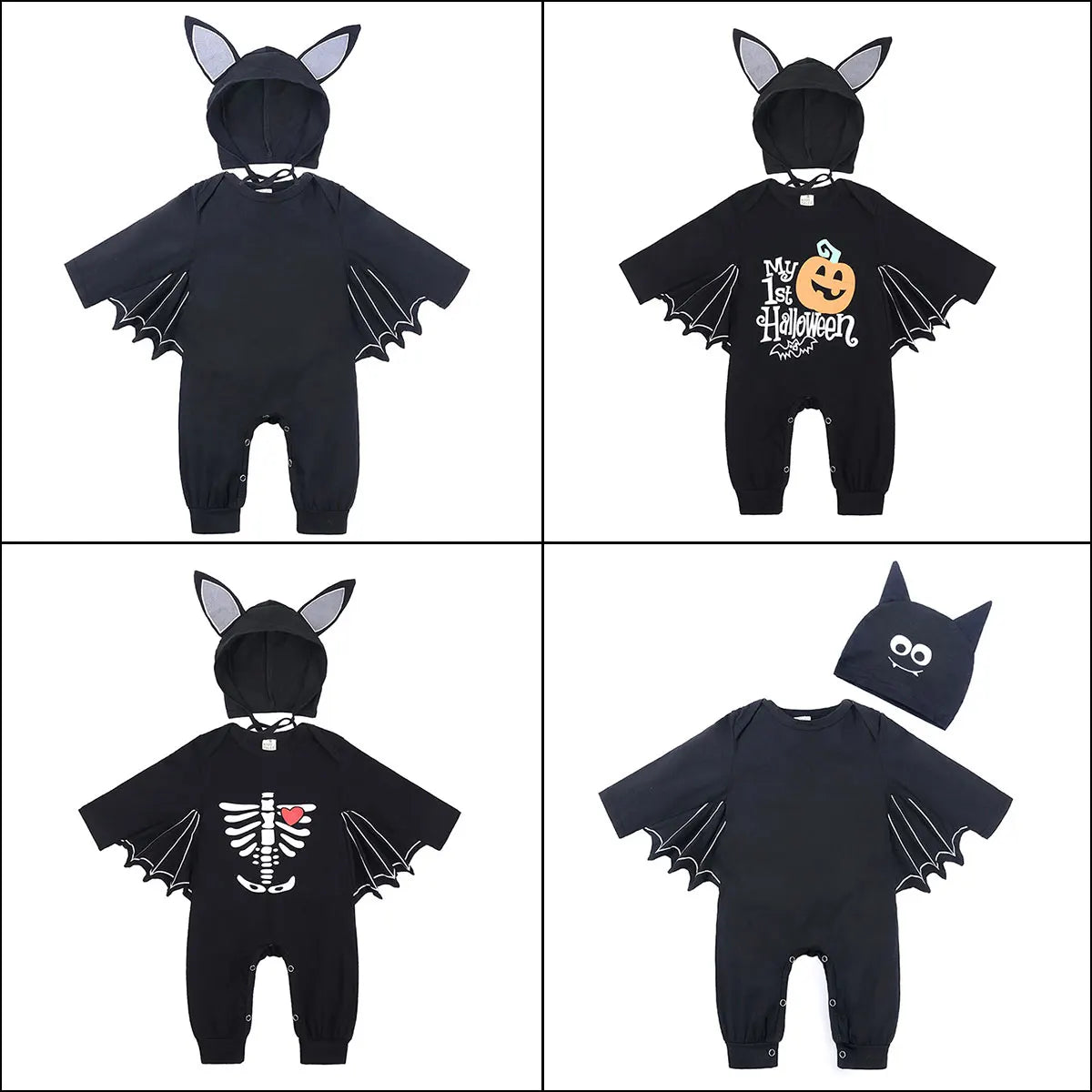 Baby Bat Romper Costume - Black Halloween Jumpsuit with Wing Sleeves