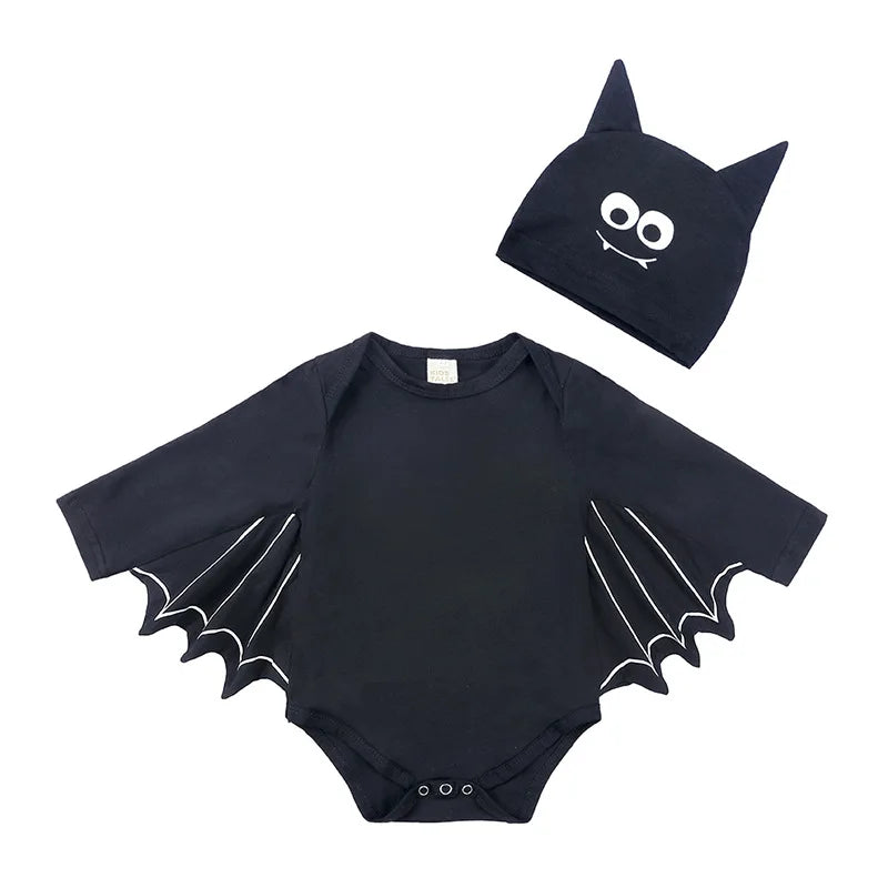 Baby Bat Romper Costume - Black Halloween Jumpsuit with Wing Sleeves