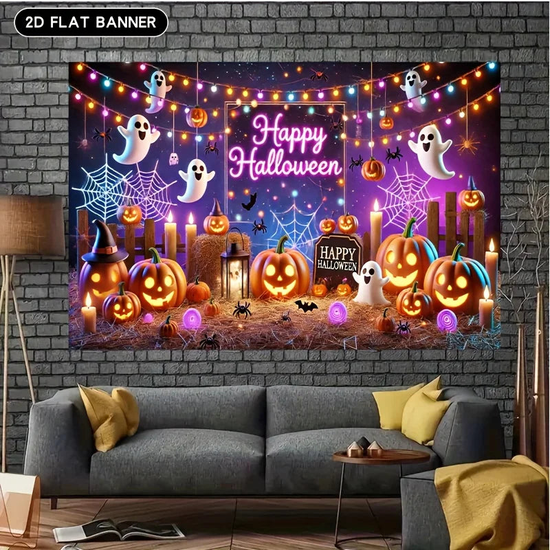 Happy Halloween Backdrop Banner - Pumpkin Ghost Party Photo Background
