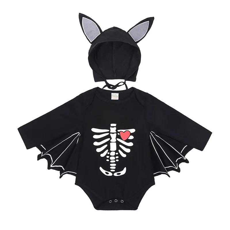 Baby Bat Romper Costume - Black Halloween Jumpsuit with Wing Sleeves