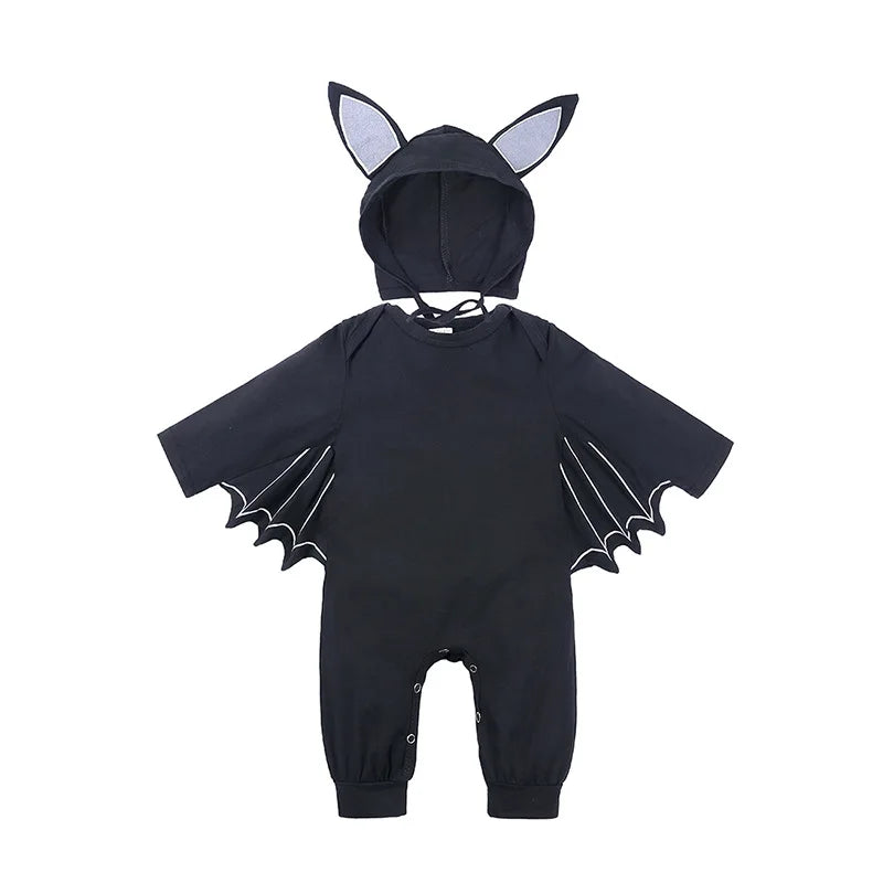 Baby Bat Romper Costume - Black Halloween Jumpsuit with Wing Sleeves