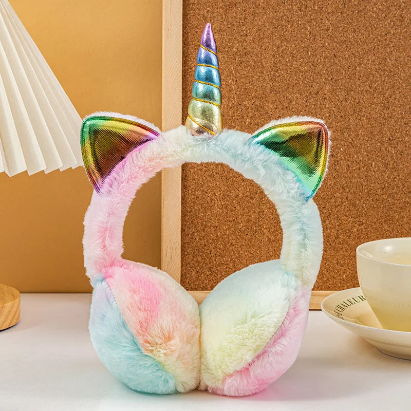 Unicorn Plush Earmuffs with Metallic Ears and Horns for Kids