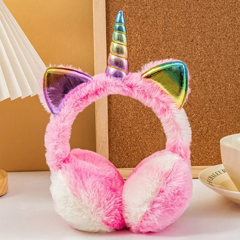 Unicorn Plush Earmuffs with Metallic Ears and Horns for Kids