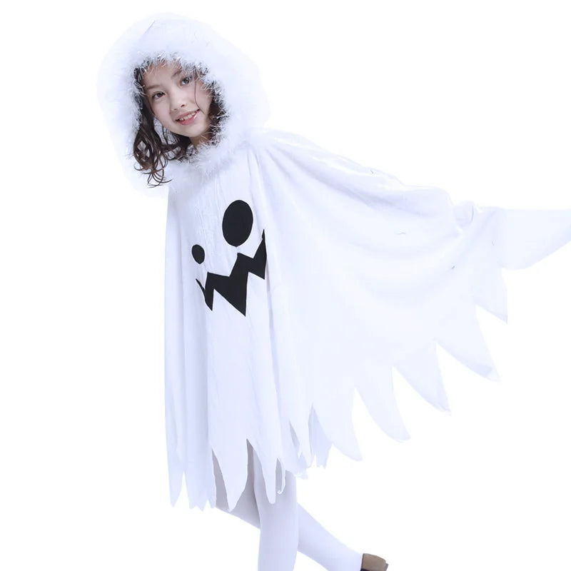 Kids Glow Ghost Costume - White Halloween Cape Outfit with Hood