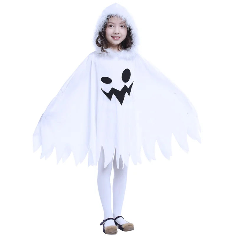 Kids Glow Ghost Costume - White Halloween Cape Outfit with Hood