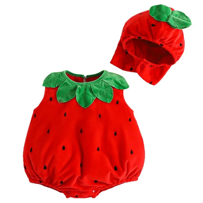 Baby Strawberry Costume - Sleeveless Fruit Romper Outfit with Hat