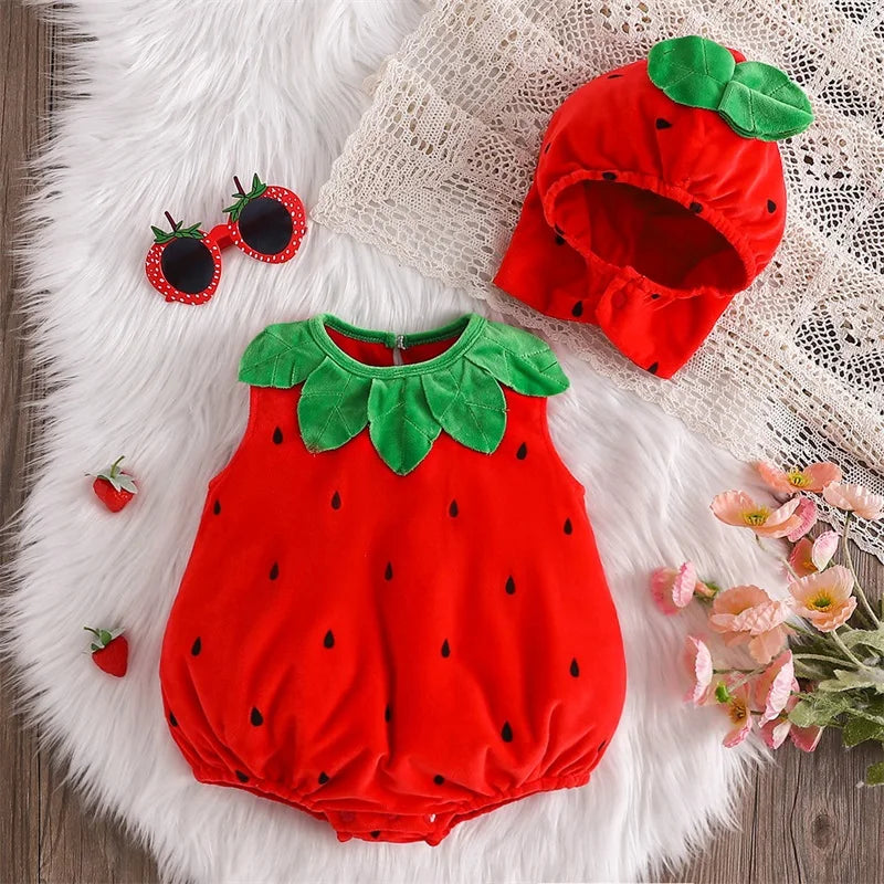 Baby Strawberry Costume - Sleeveless Fruit Romper Outfit with Hat