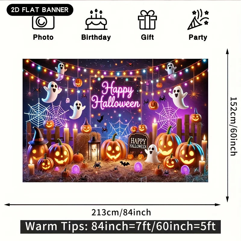 Happy Halloween Backdrop Banner - Pumpkin Ghost Party Photo Background