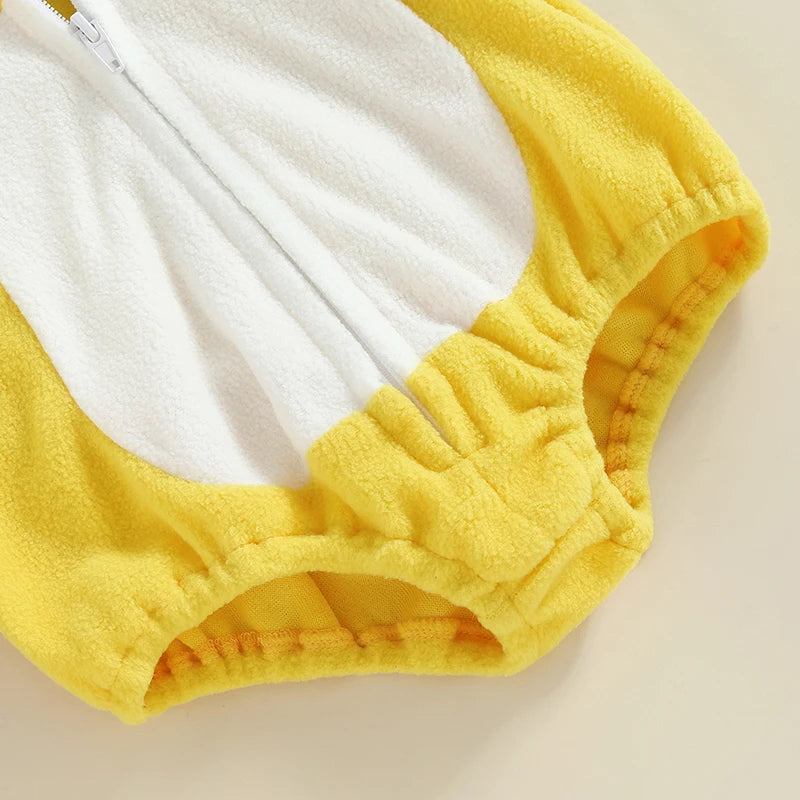 Baby Chick Romper Costume - Hooded Animal Outfit with Striped Leg Warmers