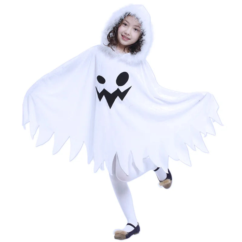 Kids Glow Ghost Costume - White Halloween Cape Outfit with Hood