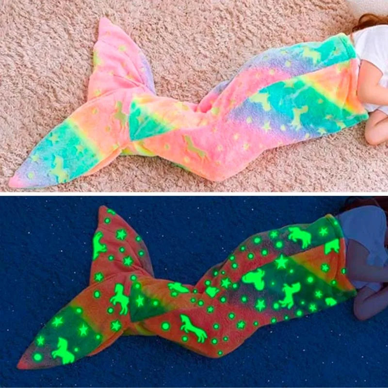 Glow Mermaid Tail Blanket - Soft Wearable Fleece Blanket for Kids