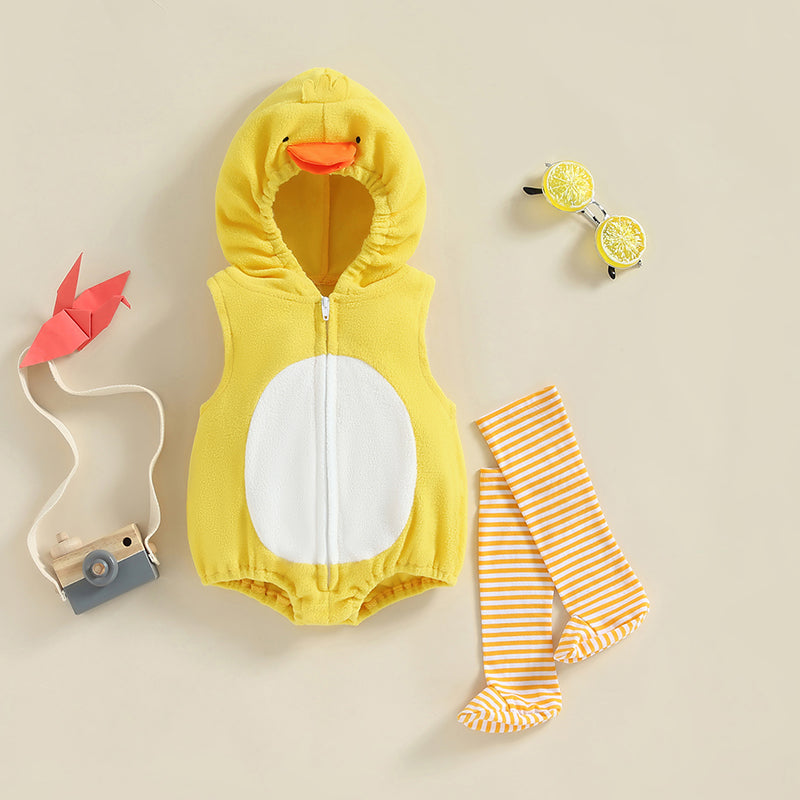 Baby Chick Romper Costume - Hooded Animal Outfit with Striped Leg Warmers