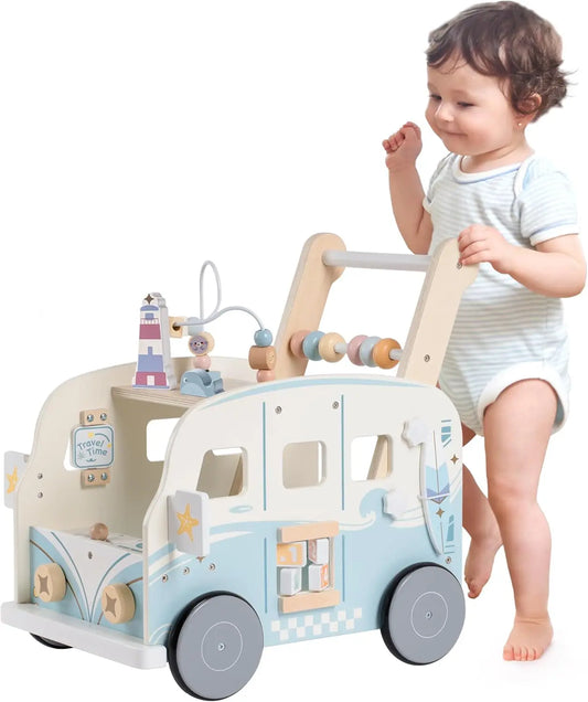 Wooden Baby Walker with Activities | Push Along Learning Walker