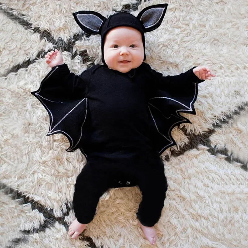 Baby Bat Romper Costume - Black Halloween Jumpsuit with Wing Sleeves