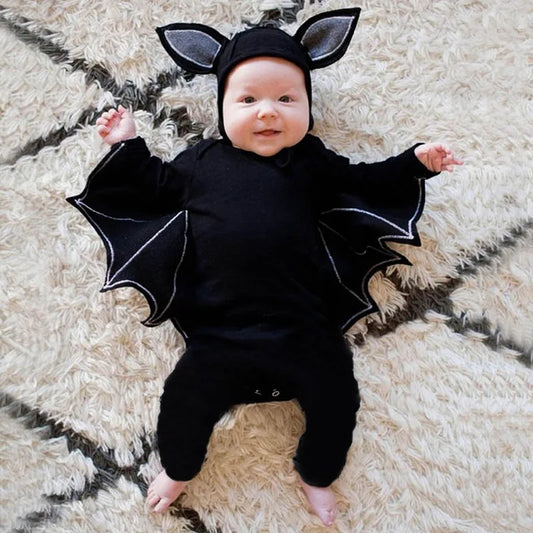 Baby Bat Romper Costume - Black Halloween Jumpsuit with Wing Sleeves