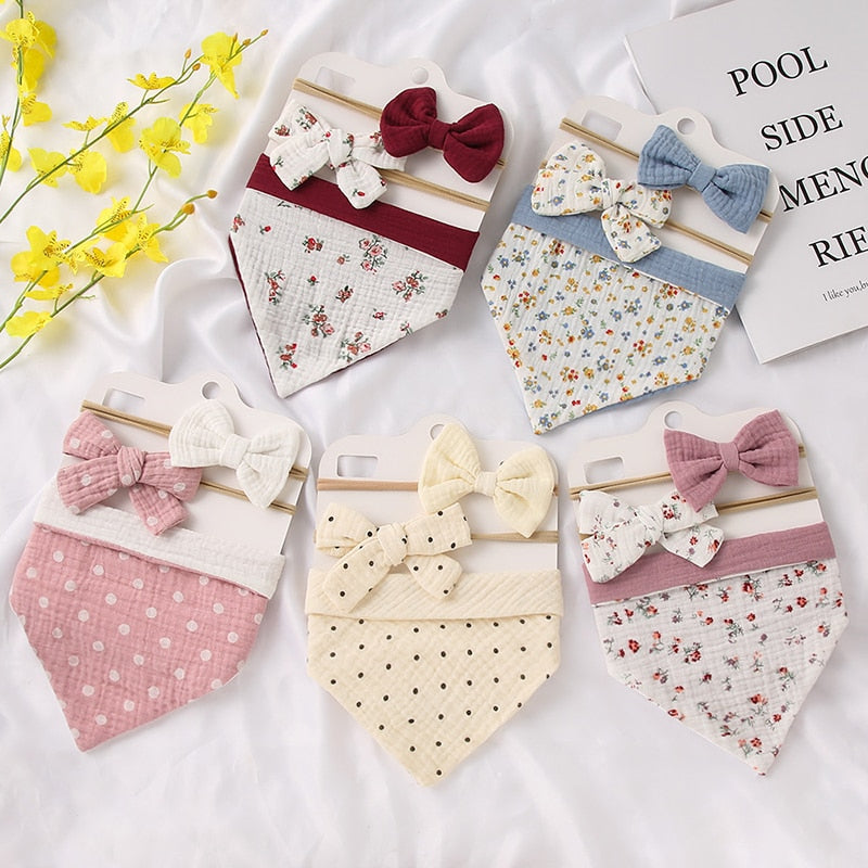 Triangle Muslin Cotton Bibs with Headbands (3pcs)